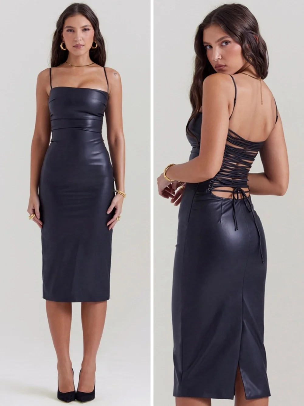 jalena lace-up back faux leather cocktail dress House OF CB Square-Neckline Faux-Leather Midi Dress